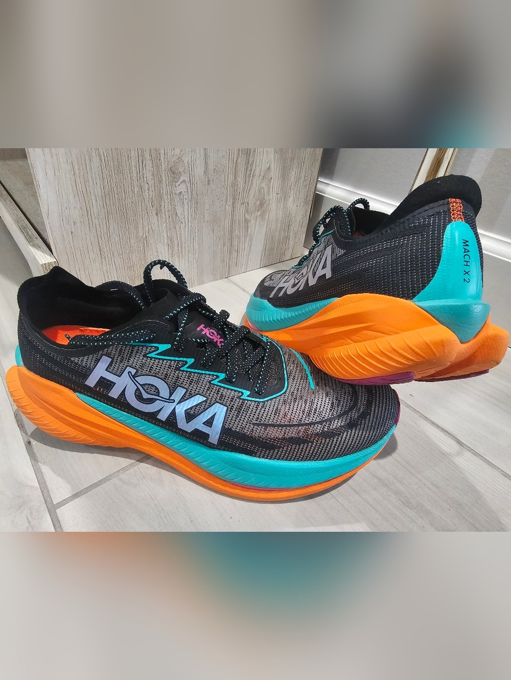 Hoka Mach X 2 Womens Black Teal Orange Running Shoes Size 11